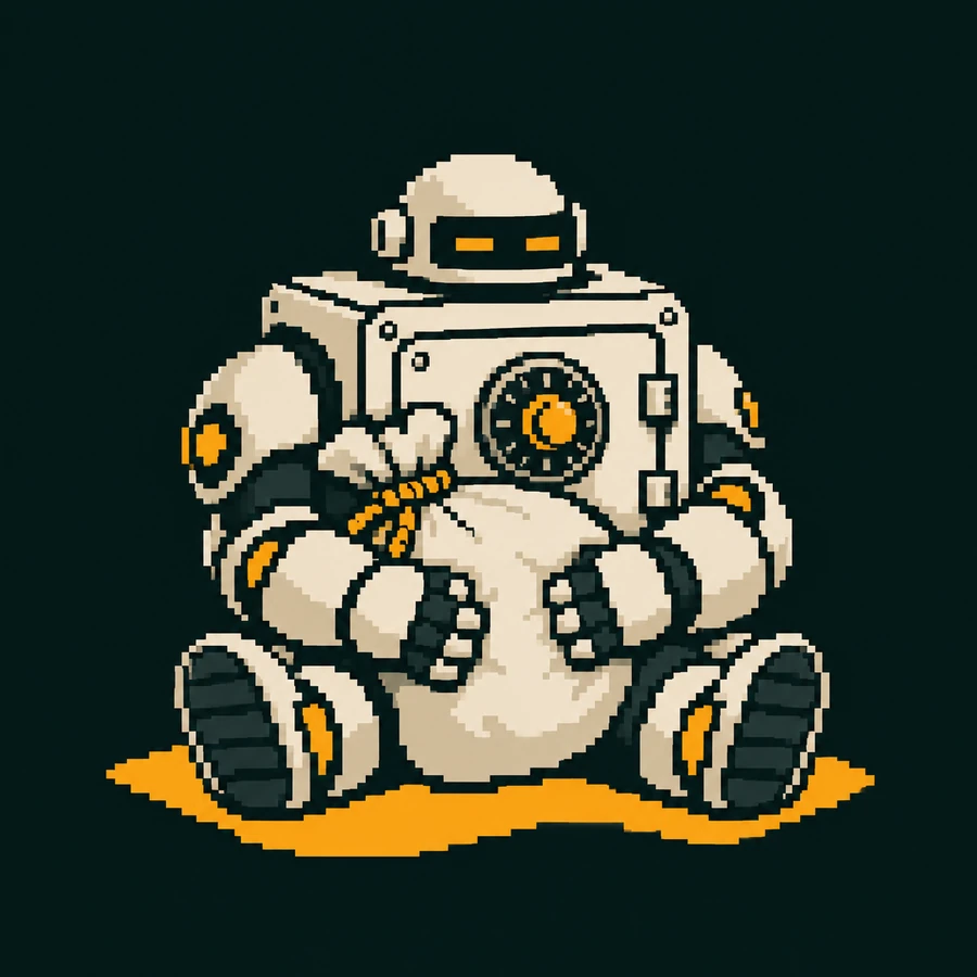 The robot sitting on the floor, both arms around the sack, two amber eyes open